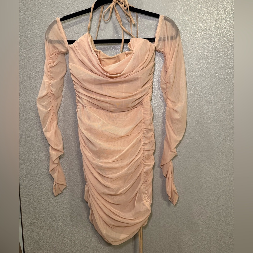 Oh Polly Blush Long Sleeve Ruched Dress
